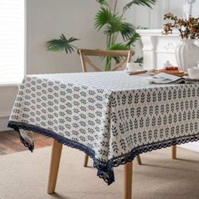 Popular Linen Cotton Lace Trimmed Floral Printing Table Cloth Rectangular Decoration damask Table Cover satin tablecloth