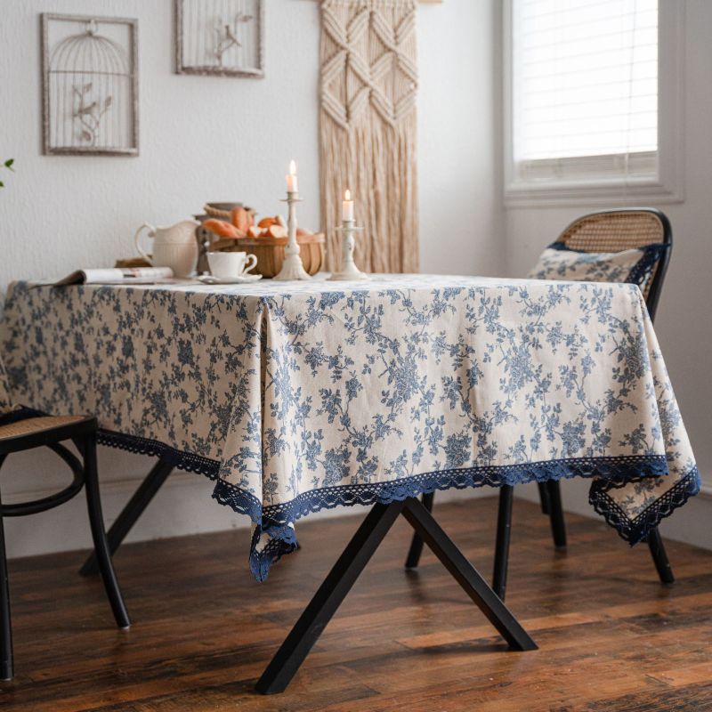 Popular Linen Cotton Lace Trimmed Floral Printing Table Cloth Rectangular Decoration damask Table Cover satin tablecloth