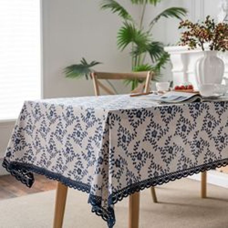 Popular Linen Cotton Lace Trimmed Floral Printing Table Cloth Rectangular Decoration damask Table Cover satin tablecloth
