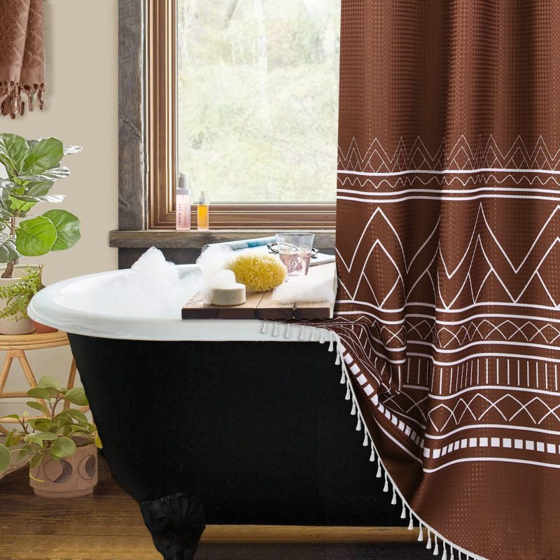 OEM Waffle Weave Shower Curtains,  Factory Printed Shower Curtains with Tassel$