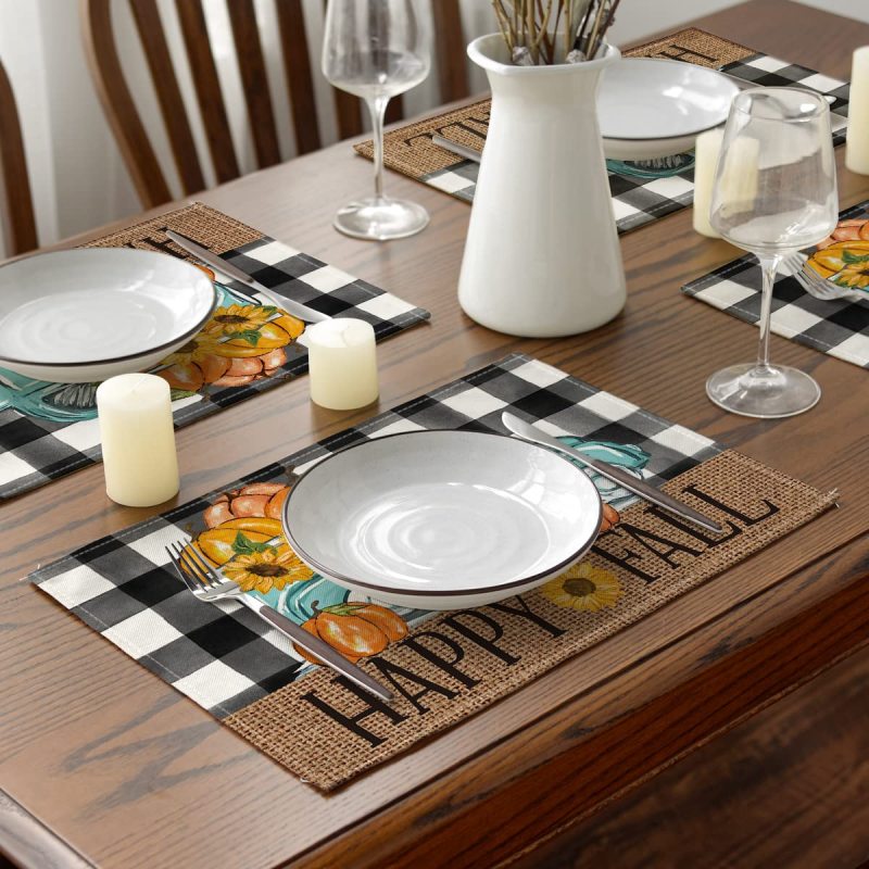 Happy Fall Pumpkin Truck Placemats Set of 4, 12x18 Inch  Autumn Thanksgiving Harvest Vintage Table Mat for Party Dining#
