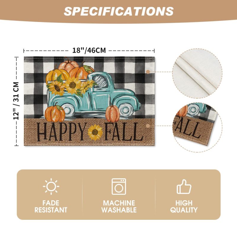 Happy Fall Pumpkin Truck Placemats Set of 4, 12x18 Inch  Autumn Thanksgiving Harvest Vintage Table Mat for Party Dining#