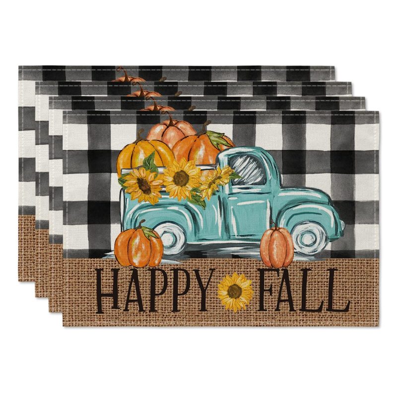 Happy Fall Pumpkin Truck Placemats Set of 4, 12x18 Inch  Autumn Thanksgiving Harvest Vintage Table Mat for Party Dining#
