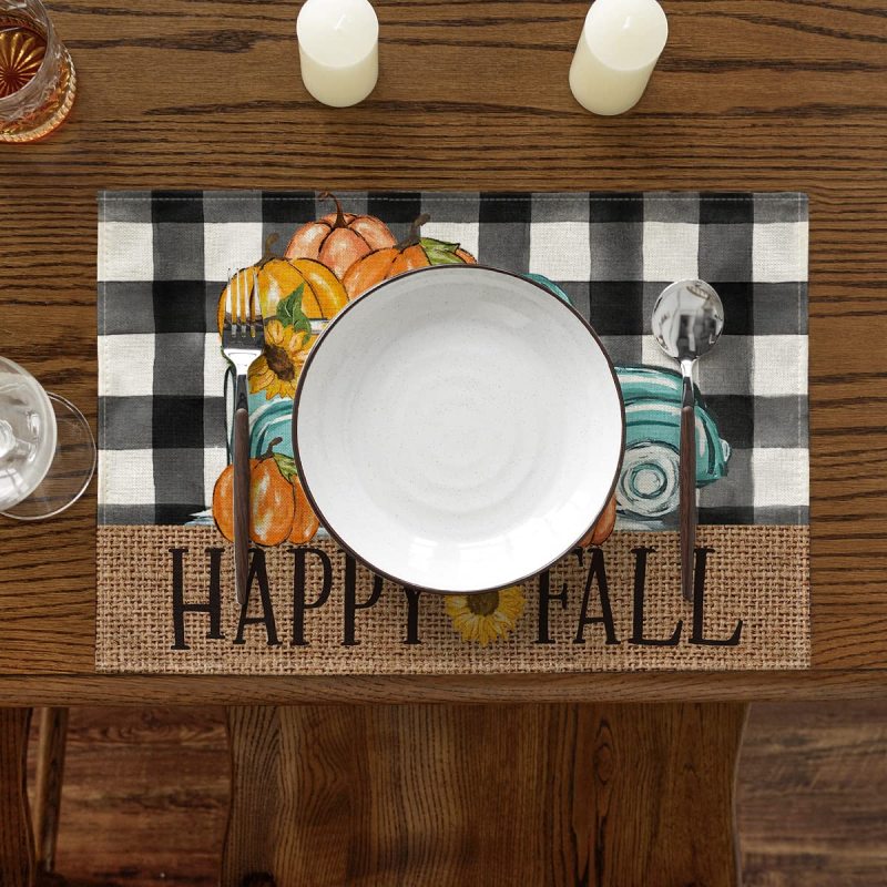 Happy Fall Pumpkin Truck Placemats Set of 4, 12x18 Inch  Autumn Thanksgiving Harvest Vintage Table Mat for Party Dining#