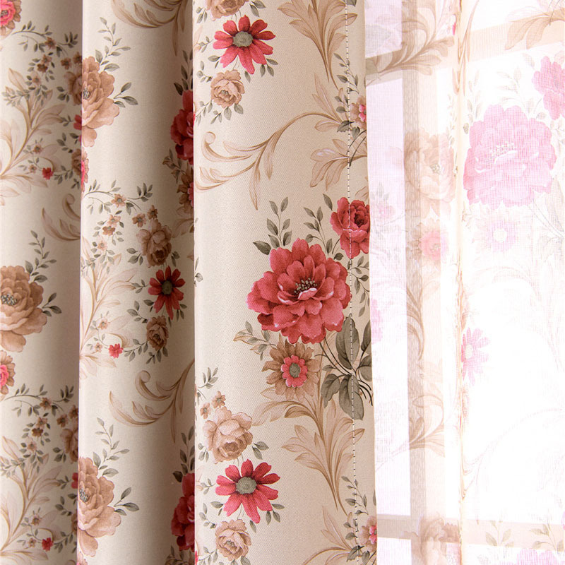 home textile tie back flower print curtain fabric,red modern floral window curtain for the living room