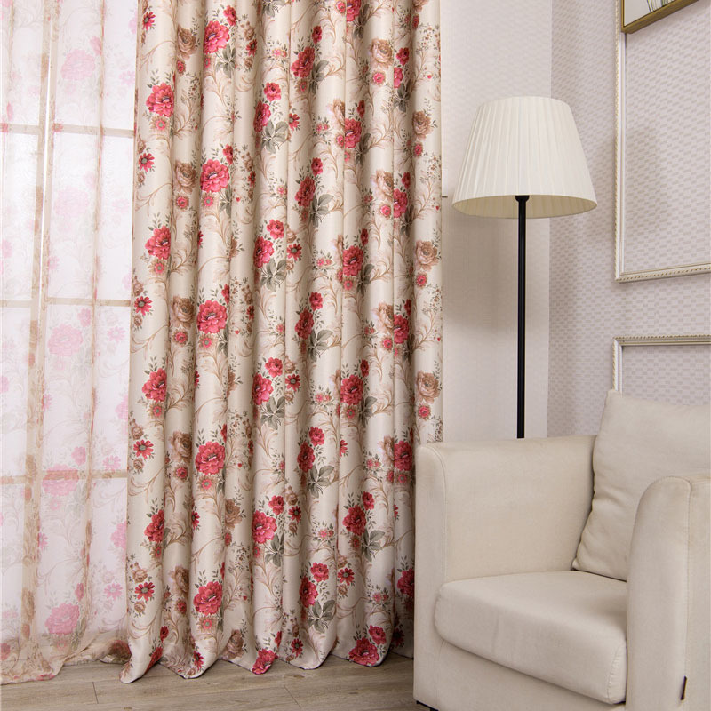 home textile tie back flower print curtain fabric,red modern floral window curtain for the living room