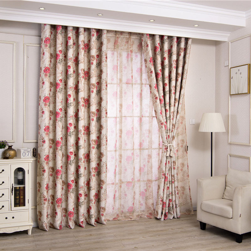 home textile tie back flower print curtain fabric,red modern floral window curtain for the living room
