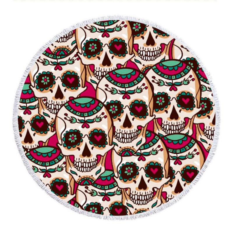 OEM Custom Microfiber Beach Towel, Round Skeleton Print Poncho, Tassel Beach Towel#