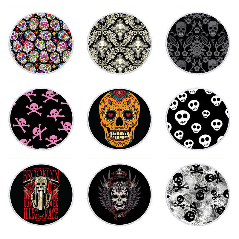 OEM Custom Microfiber Beach Towel, Round Skeleton Print Poncho, Tassel Beach Towel#