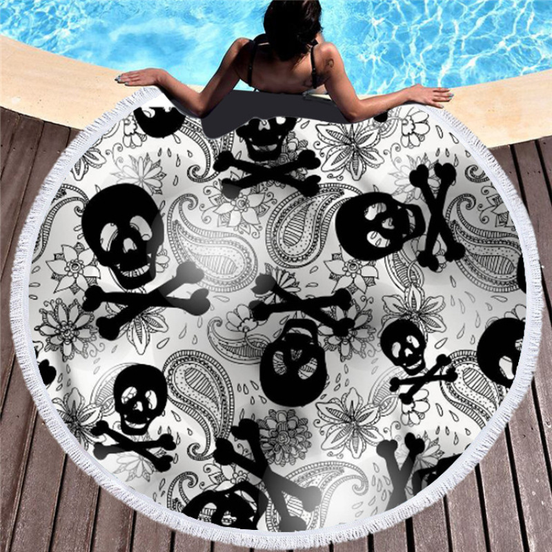OEM Custom Microfiber Beach Towel, Round Skeleton Print Poncho, Tassel Beach Towel#