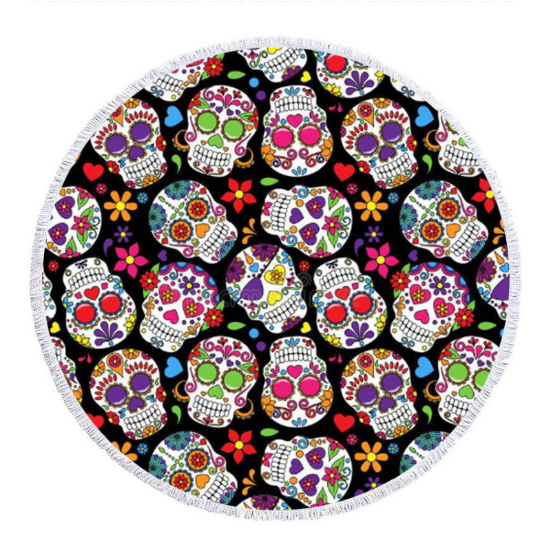 OEM Custom Microfiber Beach Towel, Round Skeleton Print Poncho, Tassel Beach Towel#