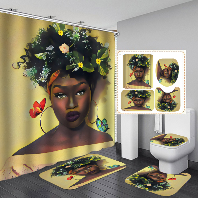 African Women Black Girl Digital OEM Design Bath Shower Curtain black women art african american shower curtains with bath mat