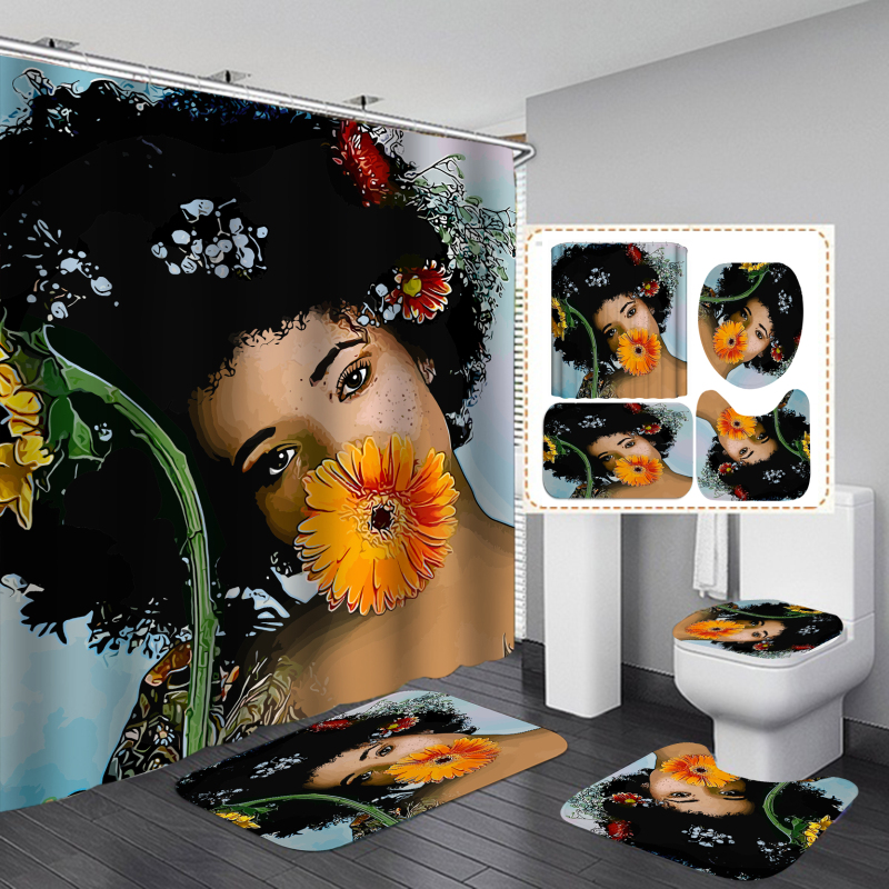 African Women Black Girl Digital OEM Design Bath Shower Curtain black women art african american shower curtains with bath mat