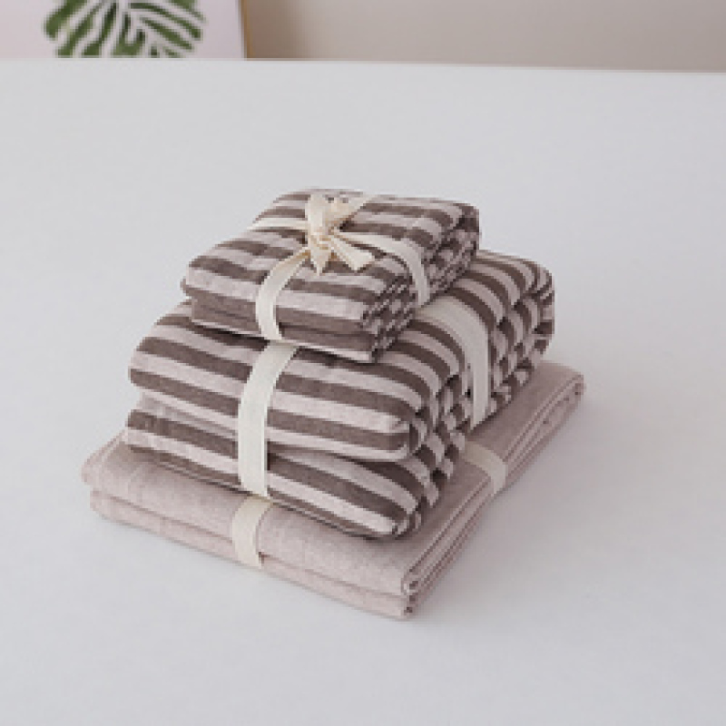 4 Piece Suit Bedding Set 100% Cotton, Japanese Knit Striped Bedsheets Bedding Sets/