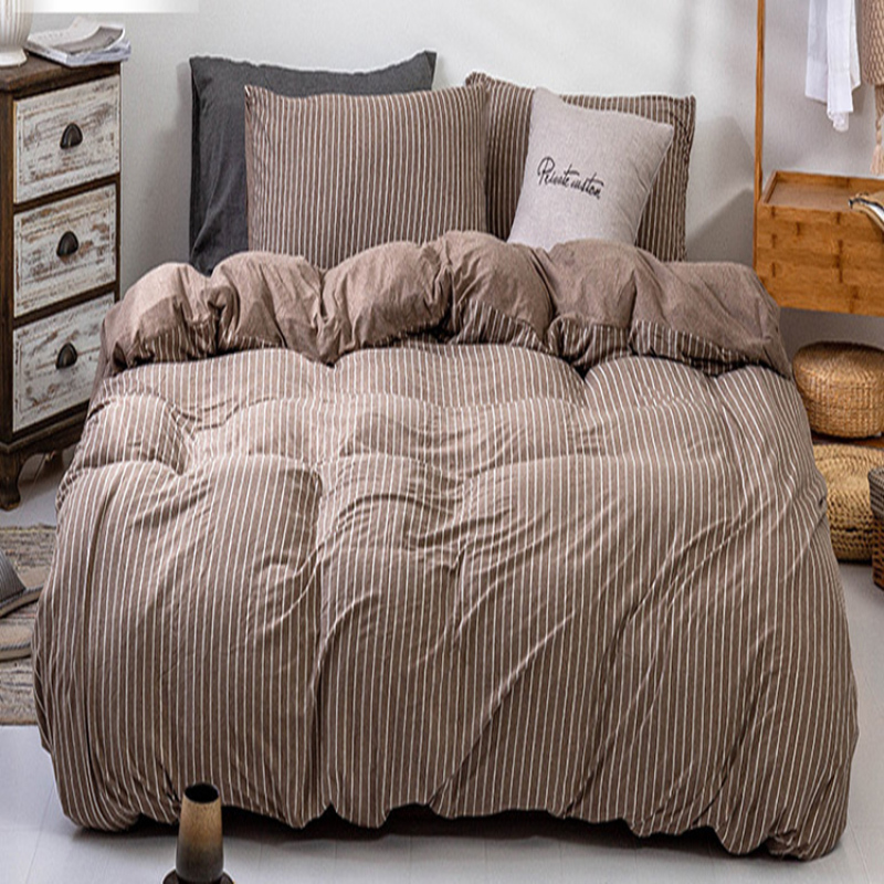 4 Piece Suit Bedding Set 100% Cotton, Japanese Knit Striped Bedsheets Bedding Sets/