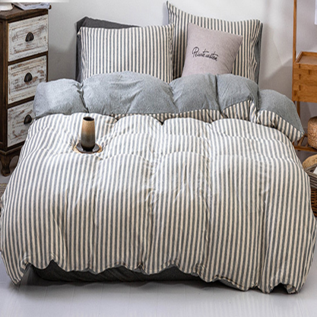 4 Piece Suit Bedding Set 100% Cotton, Japanese Knit Striped Bedsheets Bedding Sets/