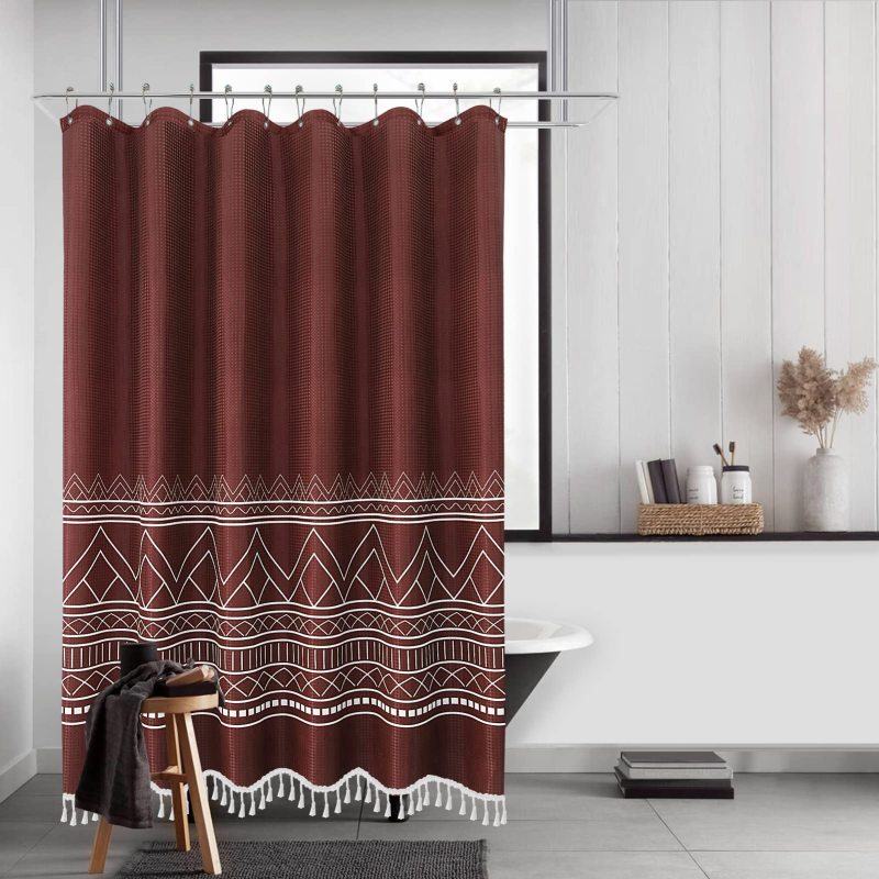Printed Waffle Weave Shower Curtains,  OEM Factory Wholesale Shower Curtains with Tassel$
