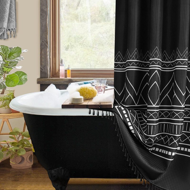 Printed Waffle Weave Shower Curtains,  OEM Factory Wholesale Shower Curtains with Tassel$