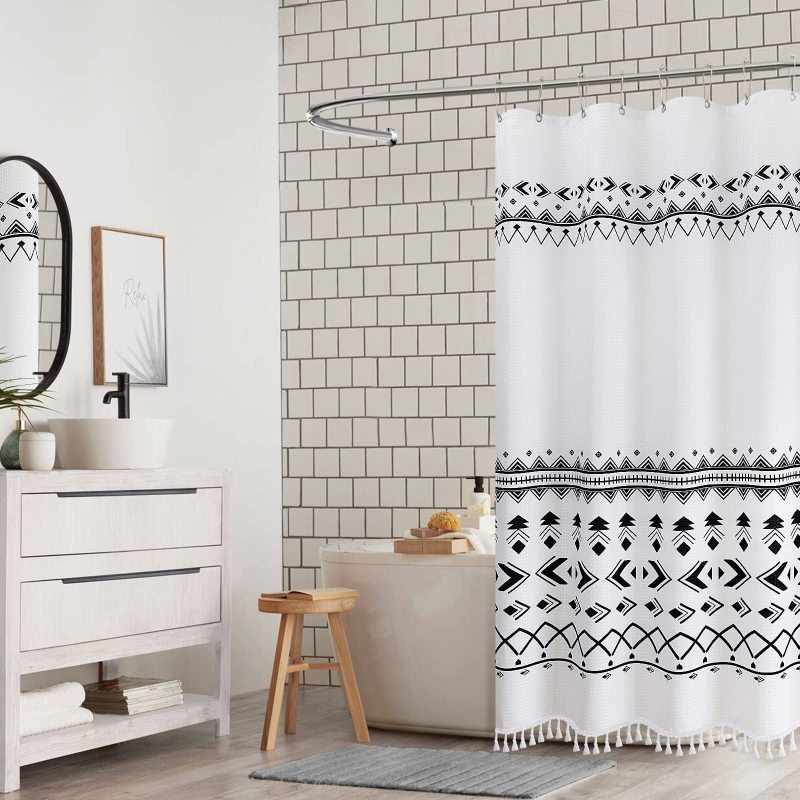 Printed Waffle Weave Shower Curtains,  OEM Factory Wholesale Shower Curtains with Tassel$