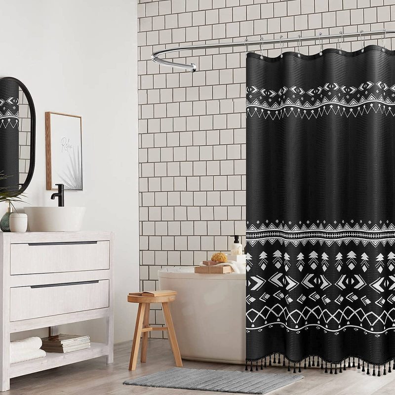 Printed Waffle Weave Shower Curtains,  OEM Factory Wholesale Shower Curtains with Tassel$