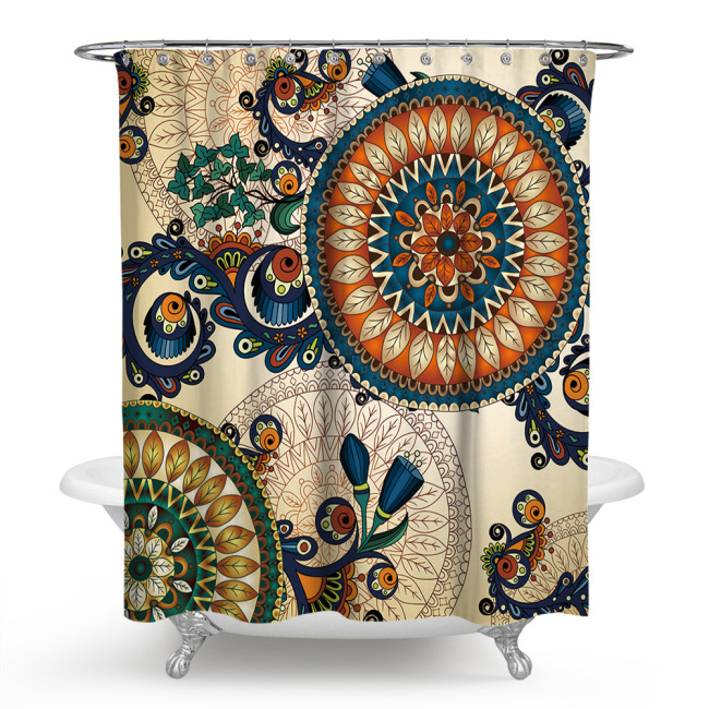 Colorful Ethnic Paisley Shower Curtain, Boho Style Mandala with Stylized Flowers Pattern Bathroom Decor, Waterproof curtains