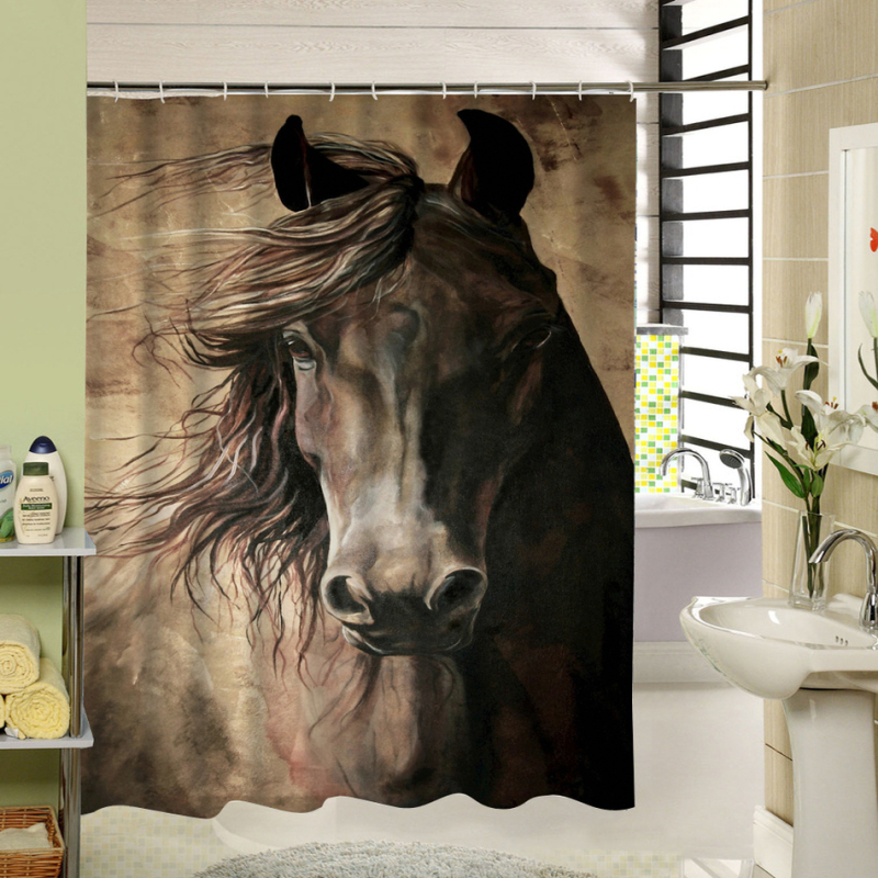 Waterproof Polyester Digital Printing Shower Curtain, Horse Galloping Horse Chinese Wind Digital Shower Curtain/