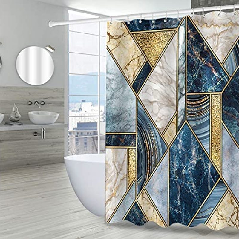 Marble Shower Curtain for Bathroom Abstract Navy Blue Gold Pattern Texture Luxury Art Home Bathtubs Set with 12 Hooks Easy Care