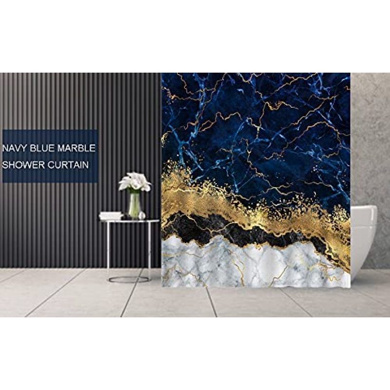 Marble Shower Curtain for Bathroom Abstract Navy Blue Gold Pattern Texture Luxury Art Home Bathtubs Set with 12 Hooks Easy Care