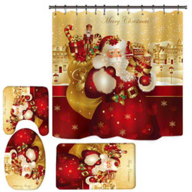 Wholesale Thick Large Bathroom Rug And Shower Curtain, Sample White Christmas Shower Curtain Set#