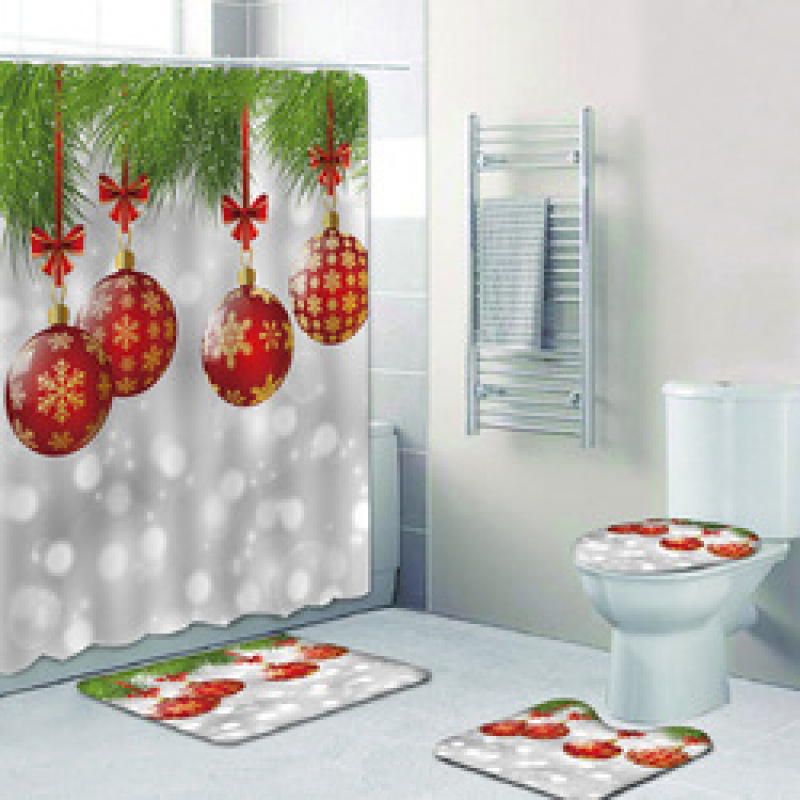 Wholesale Thick Large Bathroom Rug And Shower Curtain, Sample White Christmas Shower Curtain Set#