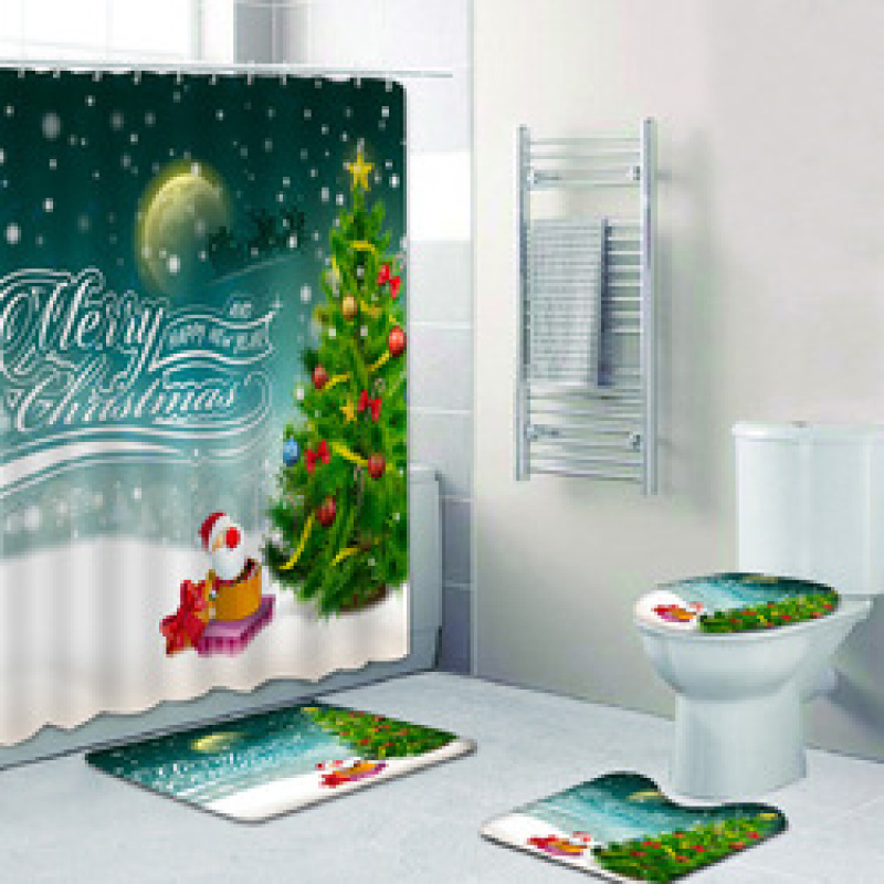 Wholesale Thick Large Bathroom Rug And Shower Curtain, Sample White Christmas Shower Curtain Set#