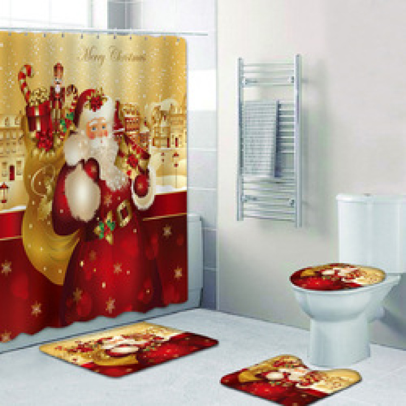 Wholesale Thick Large Bathroom Rug And Shower Curtain, Sample White Christmas Shower Curtain Set#