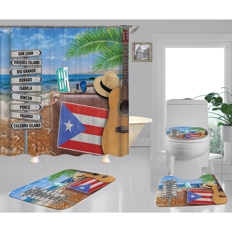 Clear 4 Pieces Bathroom Rug And Shower Curtain, Famous Kids Puerto Rico Flag Shower Curtain Set#
