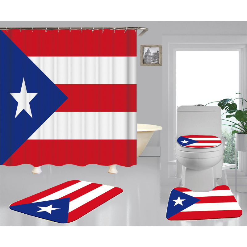 Clear 4 Pieces Bathroom Rug And Shower Curtain, Famous Kids Puerto Rico Flag Shower Curtain Set#