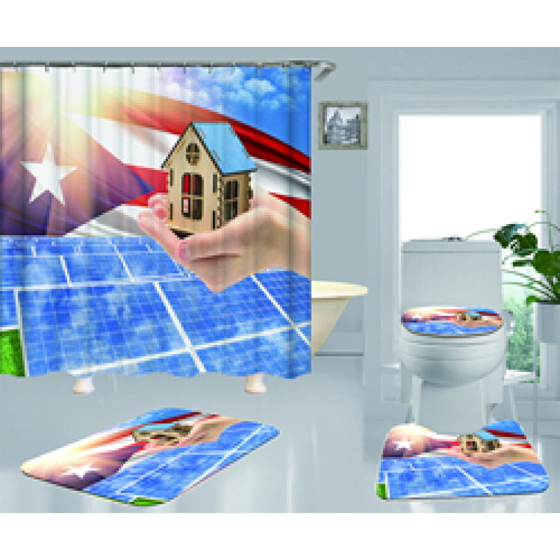 Clear 4 Pieces Bathroom Rug And Shower Curtain, Famous Kids Puerto Rico Flag Shower Curtain Set#
