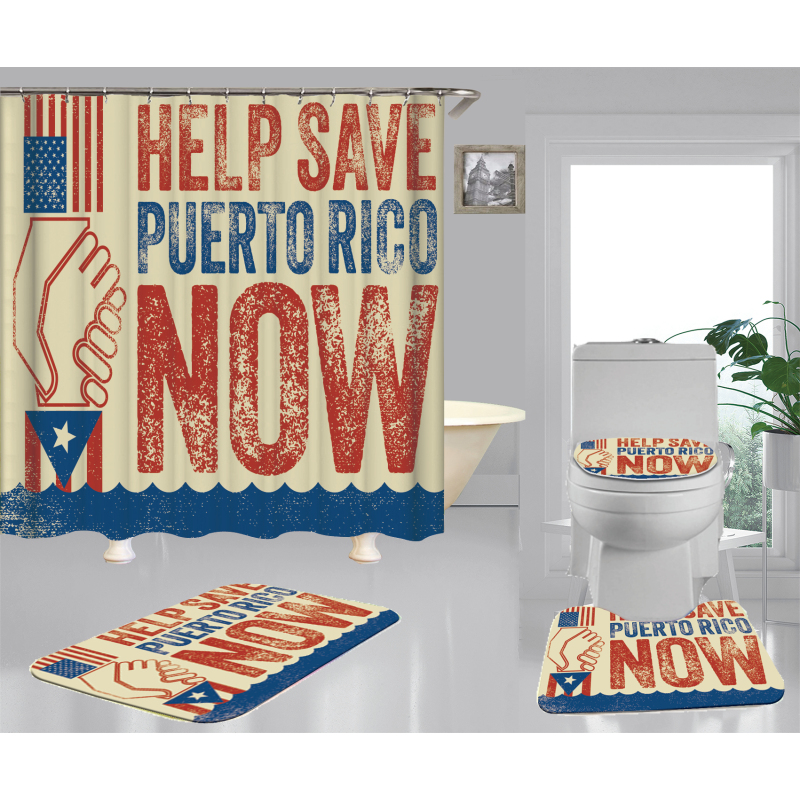 Clear 4 Pieces Bathroom Rug And Shower Curtain, Famous Kids Puerto Rico Flag Shower Curtain Set#