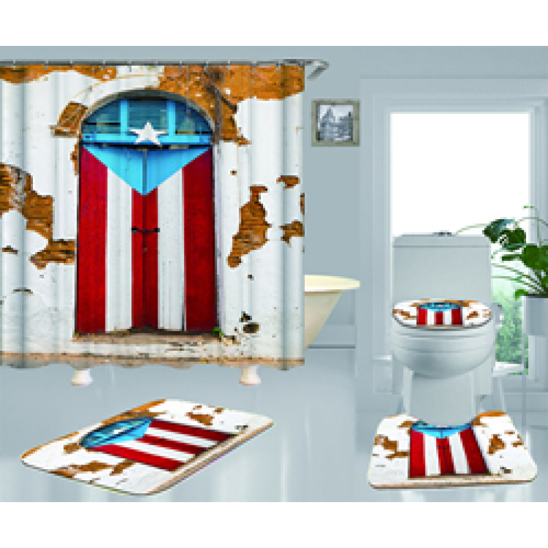 Clear 4 Pieces Bathroom Rug And Shower Curtain, Famous Kids Puerto Rico Flag Shower Curtain Set#