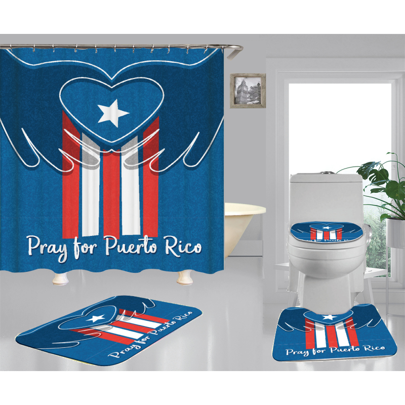 Clear 4 Pieces Bathroom Rug And Shower Curtain, Famous Kids Puerto Rico Flag Shower Curtain Set#