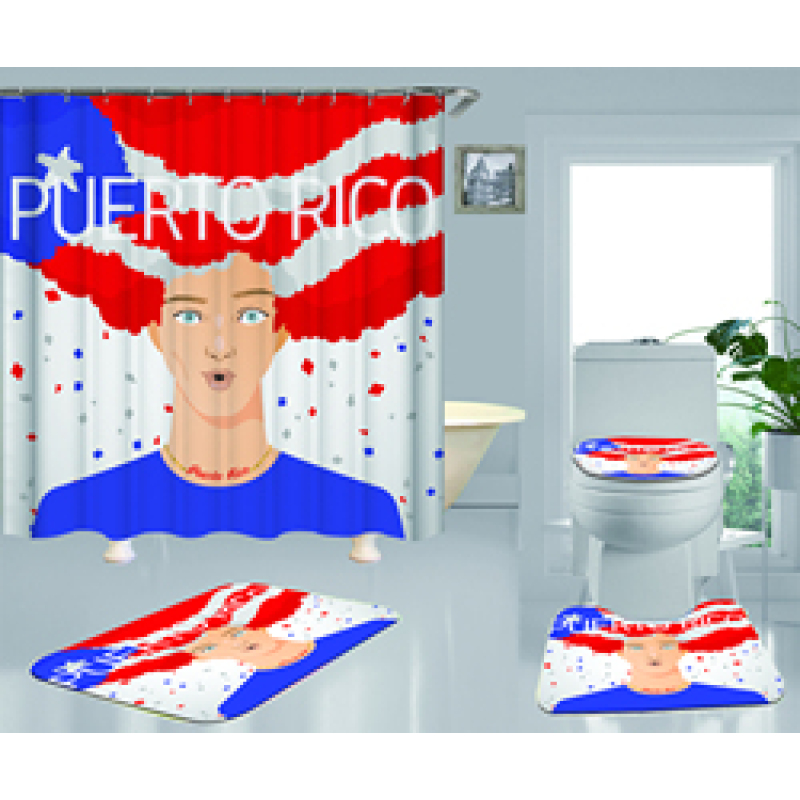 Clear 4 Pieces Bathroom Rug And Shower Curtain, Famous Kids Puerto Rico Flag Shower Curtain Set#