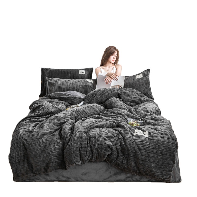 Solid Black 4 Pcs Bed Cover Bedding Sheet Set, Custom Velvet Bedding Set/