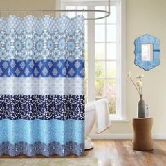 Washable Printed Polyester Shower Curtains, Waterproof Waffle Bathroom Curtain with Tassel$