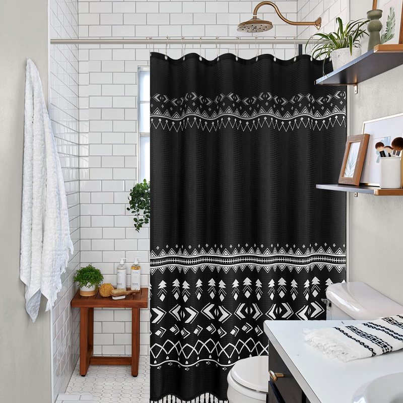 Washable Printed Polyester Shower Curtains, Waterproof Waffle Bathroom Curtain with Tassel$