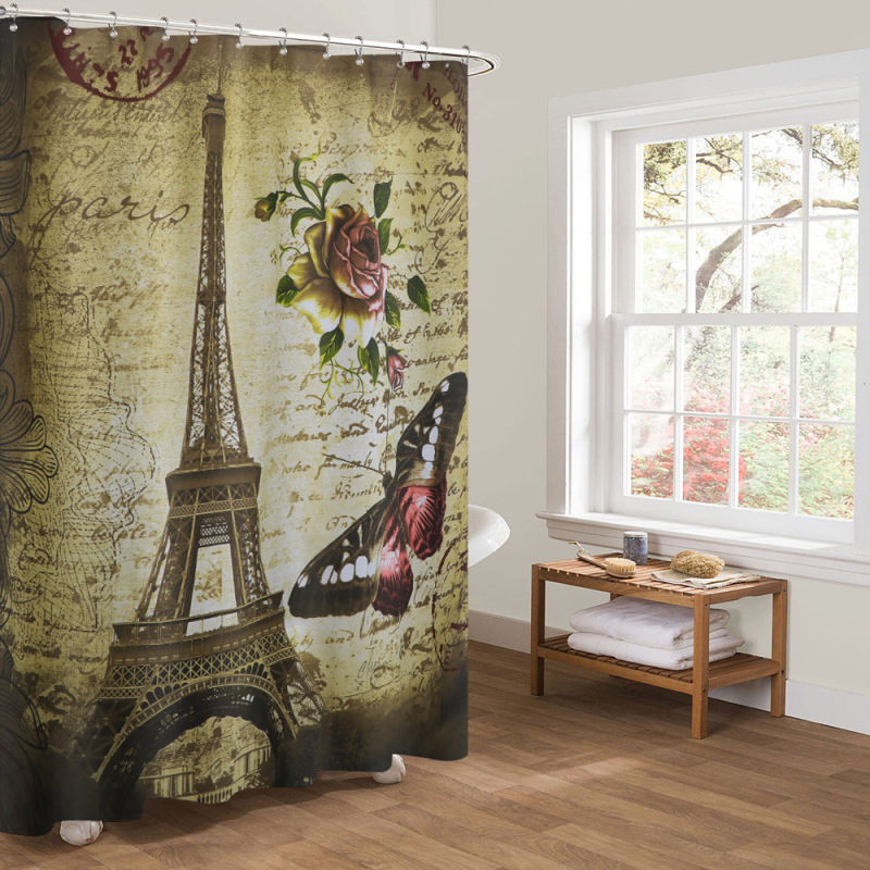Digital Printed Eiffel Tower 100% Polyester Shower Curtain Waterproof