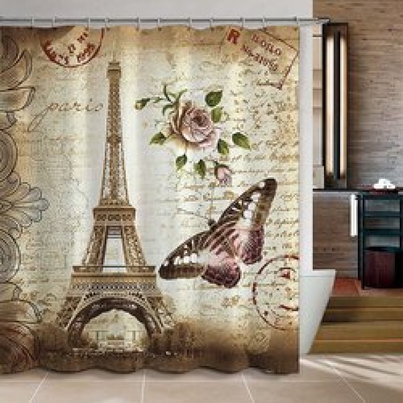 Digital Printed Eiffel Tower 100% Polyester Shower Curtain Waterproof
