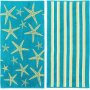 2 packed wooly Green palm and striped print beach towels.  100% cotton Marine beach towel, large pool towel  /
