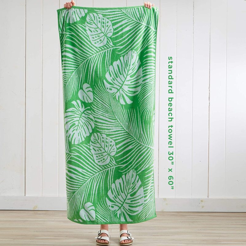 2 packed wooly Green palm and striped print beach towels.  100% cotton Marine beach towel, large pool towel  /
