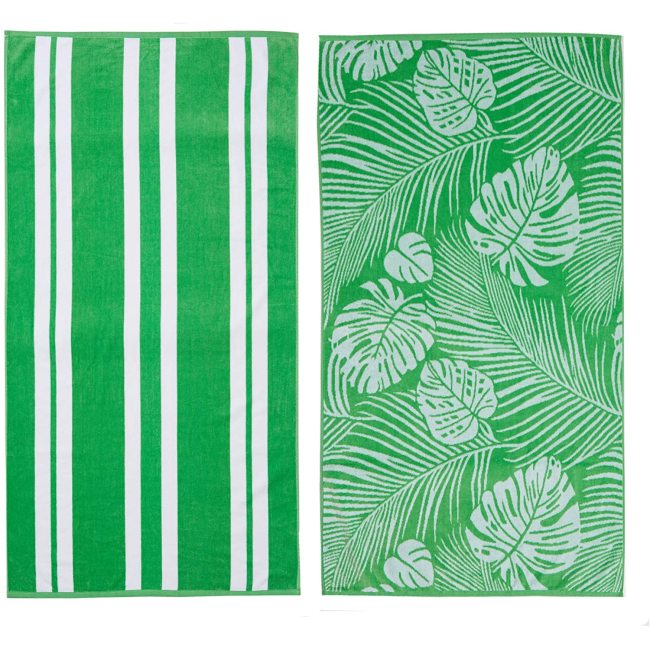 2 packed wooly Green palm and striped print beach towels.  100% cotton Marine beach towel, large pool towel  /