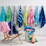 2 packed wooly Green palm and striped print beach towels.  100% cotton Marine beach towel, large pool towel  /