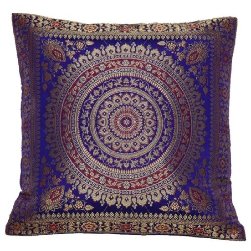 Cushion Cover Brocade Mandala Pillow Covers Indian Silk Decor Square 16x16 Sofa,Emerald Natural New Pillow/