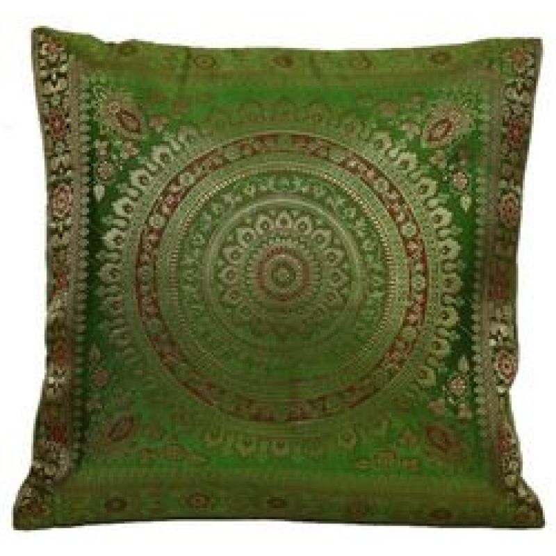 Cushion Cover Brocade Mandala Pillow Covers Indian Silk Decor Square 16x16 Sofa,Emerald Natural New Pillow/